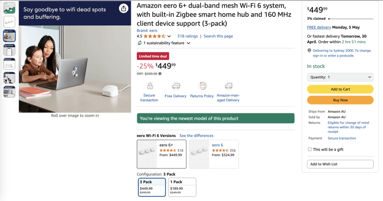Amazon: Amazon eero 6+ dual-band mesh Wi-Fi 6 system (3-pack) – Now $449 (25% Off)